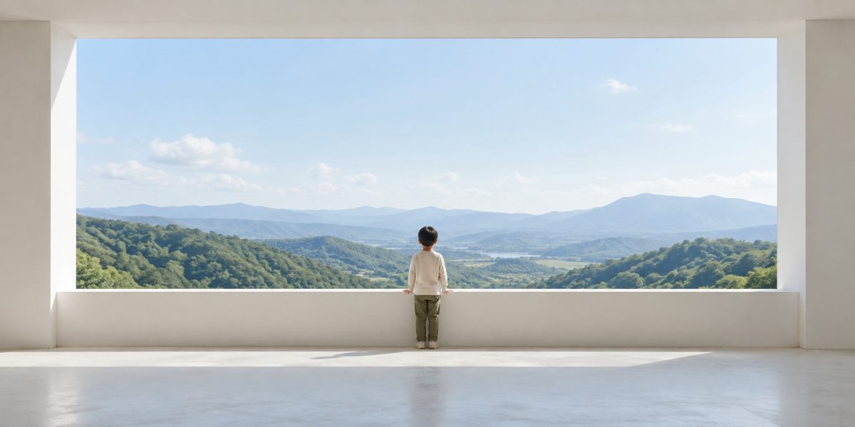Concept image: a child looking through a wide window towards mountains and sky, suggesting a world of possibilities opening up