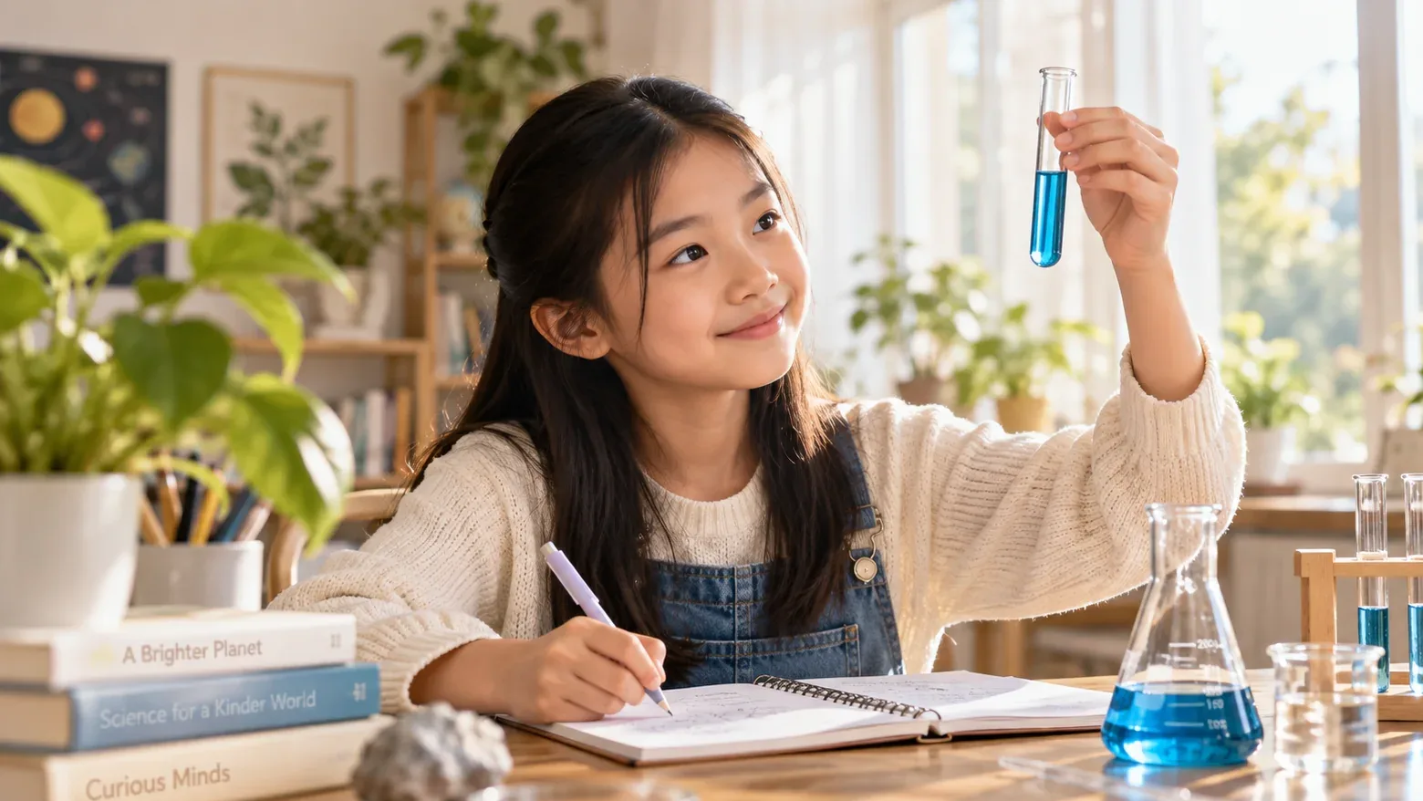 เด็กหญิงชูหลอดทดลองสีฟ้าขึ้นดูอย่างสนใจ บนโต๊ะมีสมุดจดและขวดแก้ววางอยู่