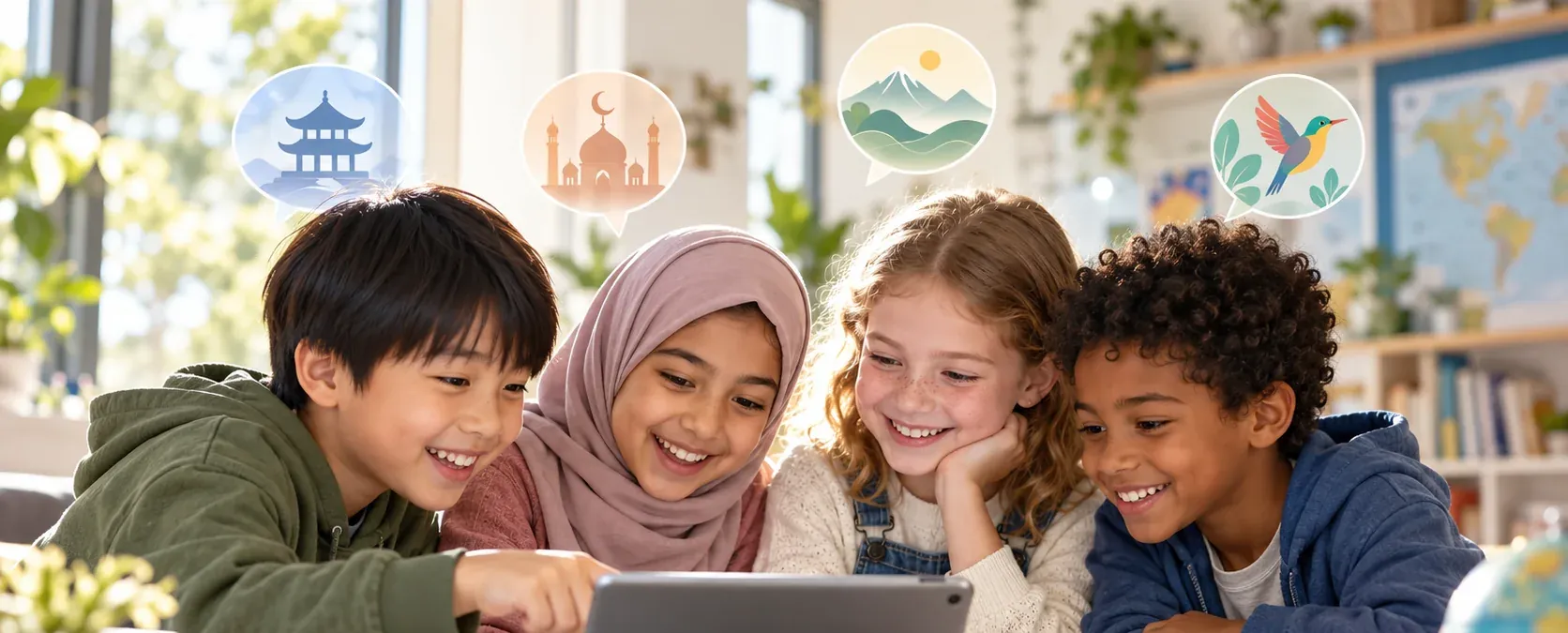 Four smiling children gathered around a tablet, with four round icons floating above their heads