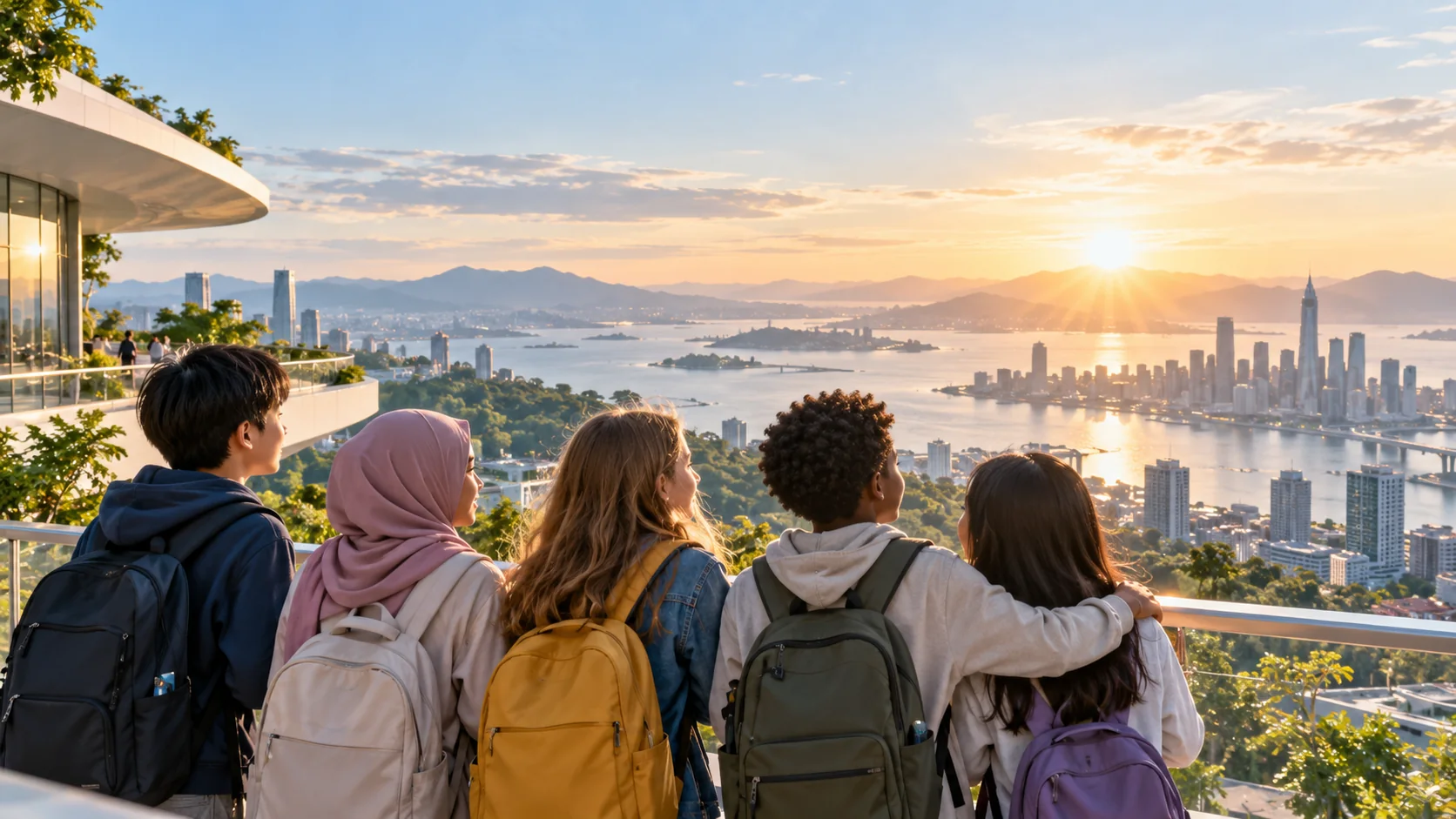 Five children with backpacks, seen from behind, looking out over a city and bay at sunset