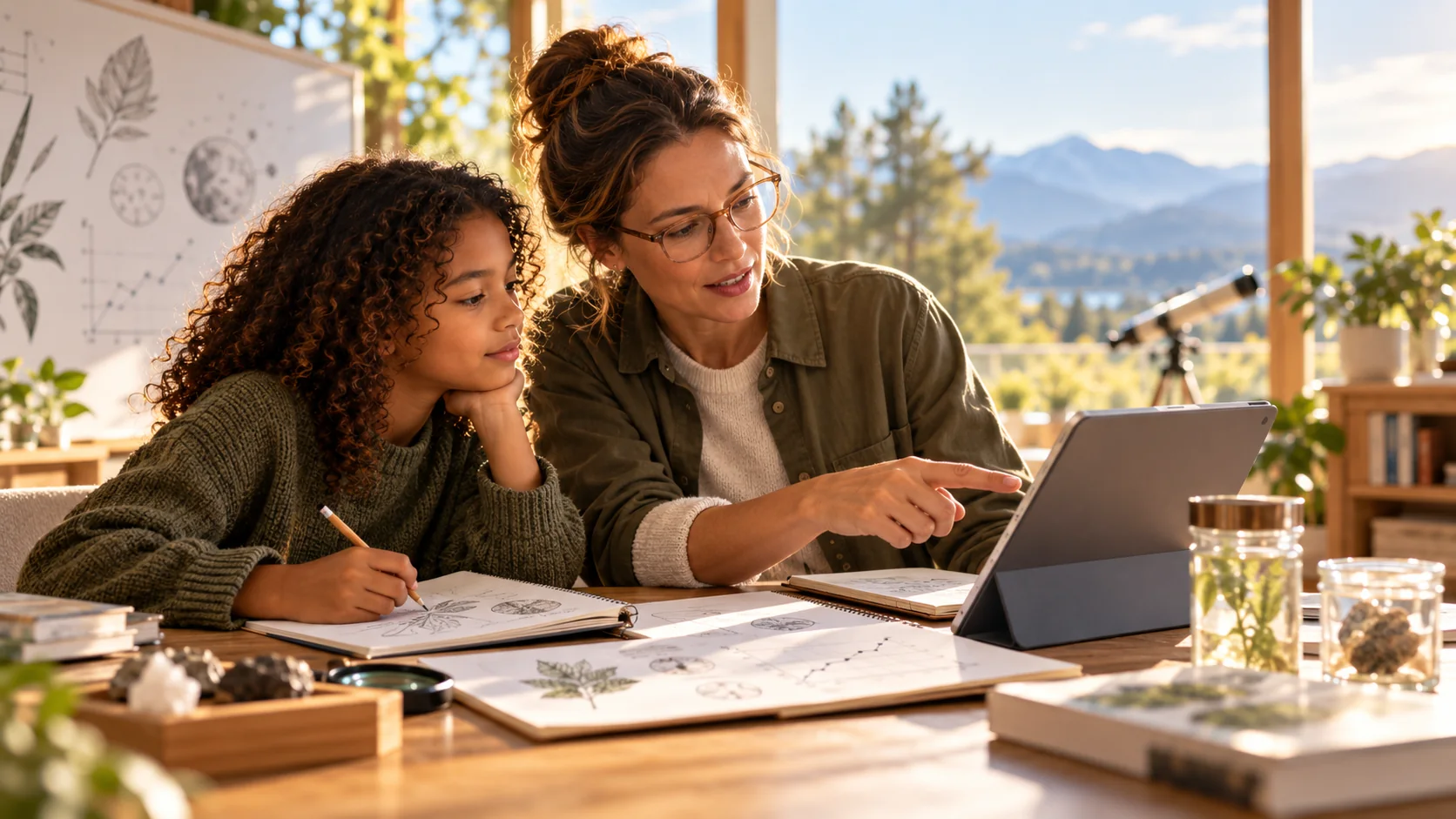 An adult and a child at a table, the adult pointing at a tablet while the child writes in a notebook of leaf sketches