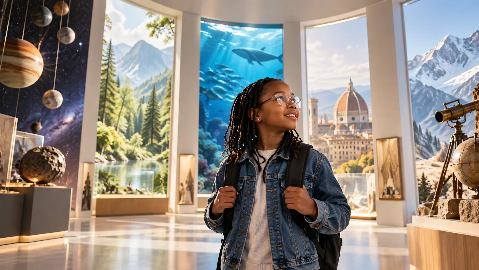 A girl standing in a room with planets pictured on the wall, and tall windows showing a pine forest, an underwater scene with a whale, and an old city with a large dome